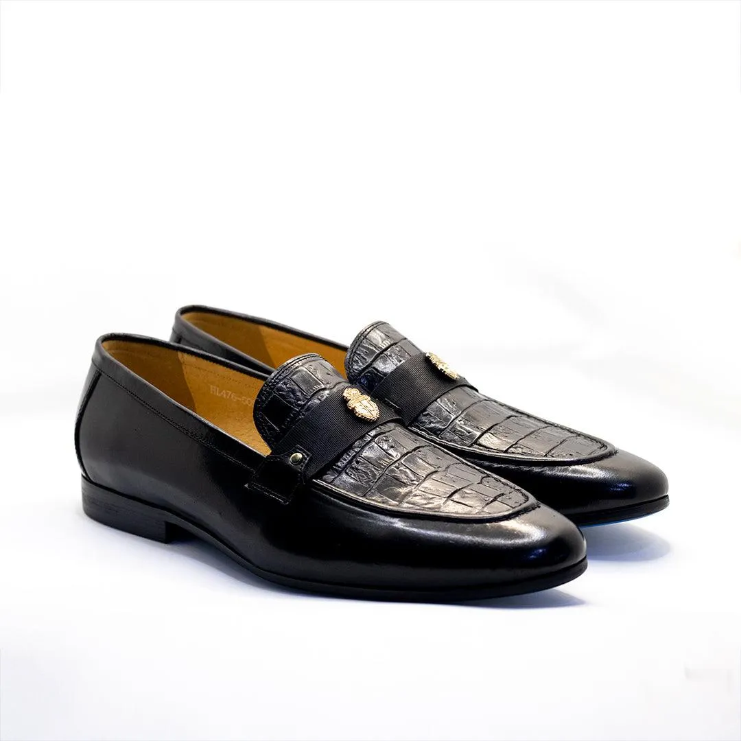 Billion Exquisite Half Croc And Belted Logo Designed Leather Shoe - Black