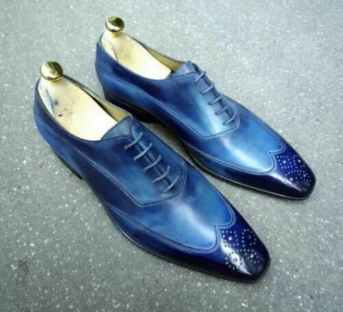 Handmade Blue Wing Tip Brogue Leather Lace Up Shoes For Men's