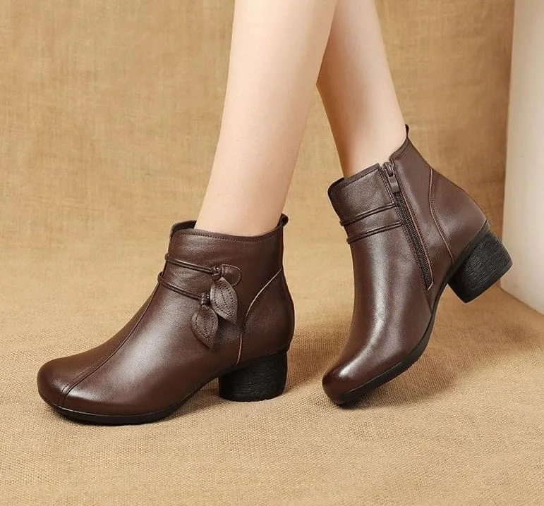 Handmade Genuine Leather Flowers Zipper Retro Warm Winter Boots For Women