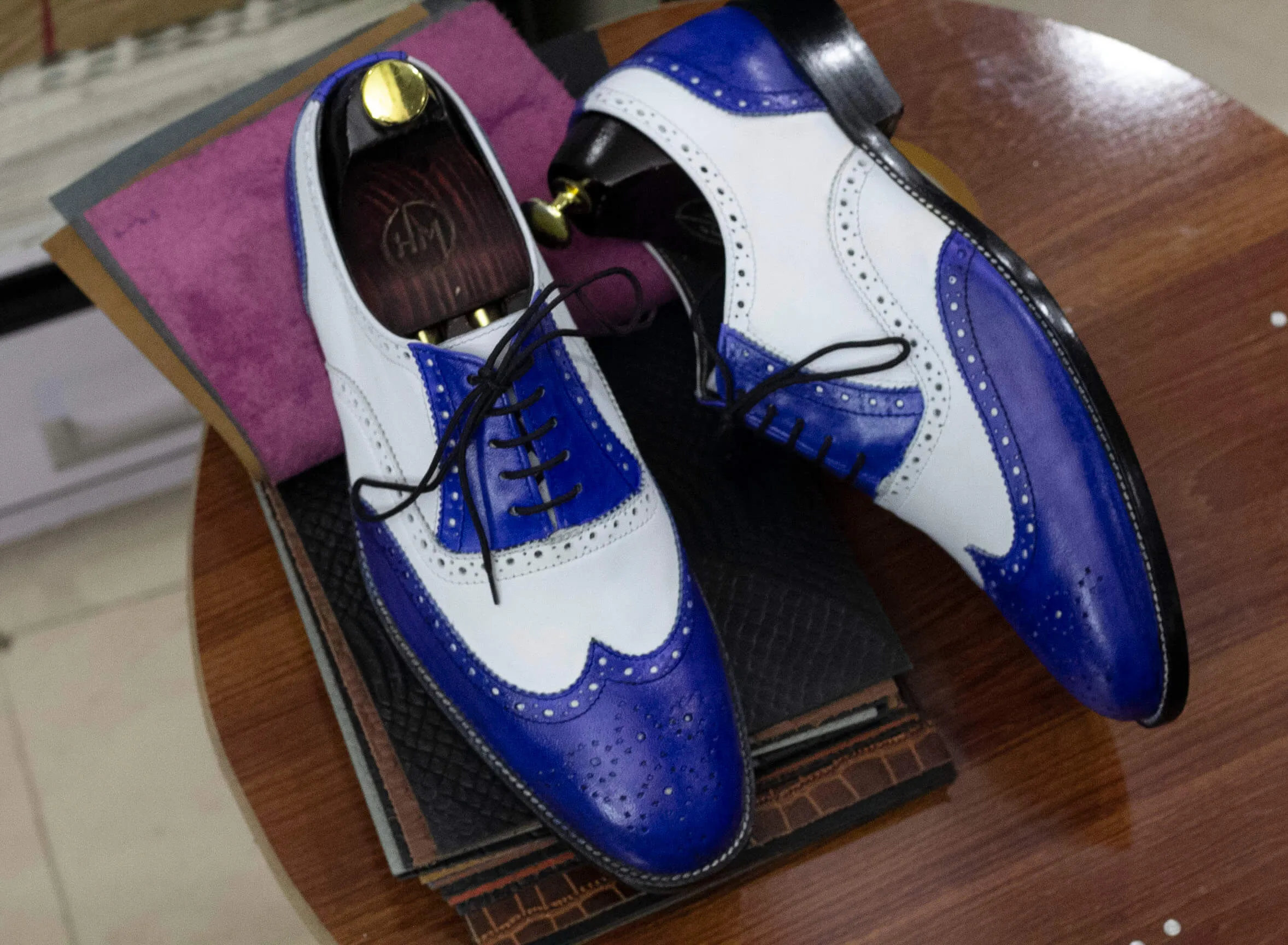 Handmade Men's Blue & White Wing Tip Style Pure Leather Shoes For Men's