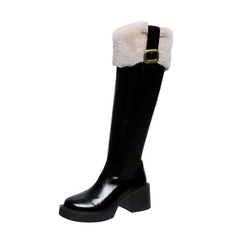 Hnzxzm Winter Knee High Brown Long Boots Comfort Square Heel Zip Belt Buckle Platform Boots for Women  Plush Edge Warm Gothic Shoes