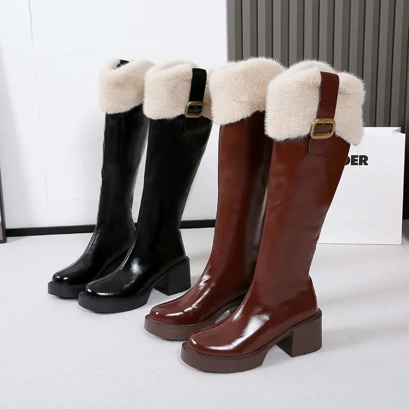 Hnzxzm Winter Knee High Brown Long Boots Comfort Square Heel Zip Belt Buckle Platform Boots for Women  Plush Edge Warm Gothic Shoes