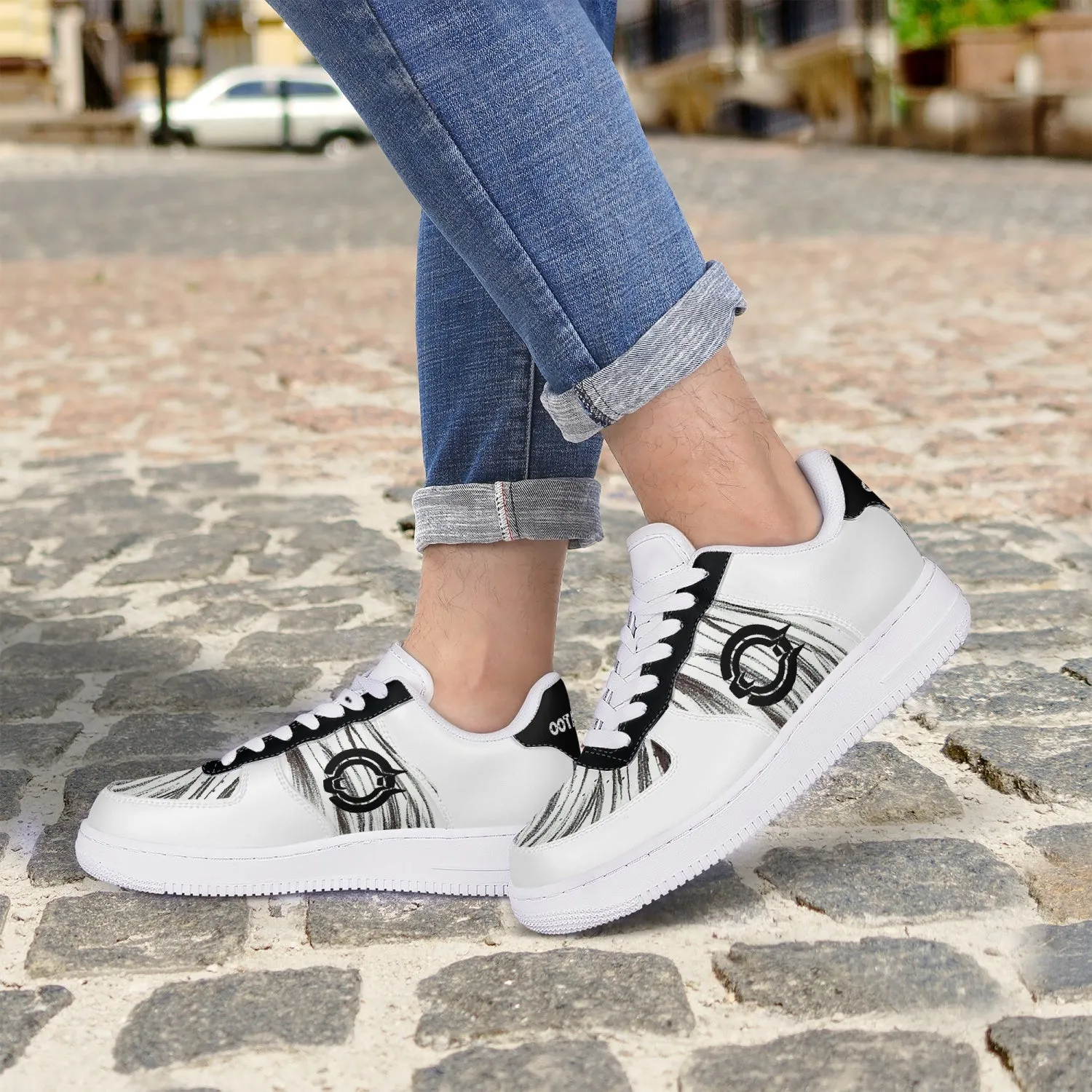 Low-Top Leather Sports Sneakers Black&White