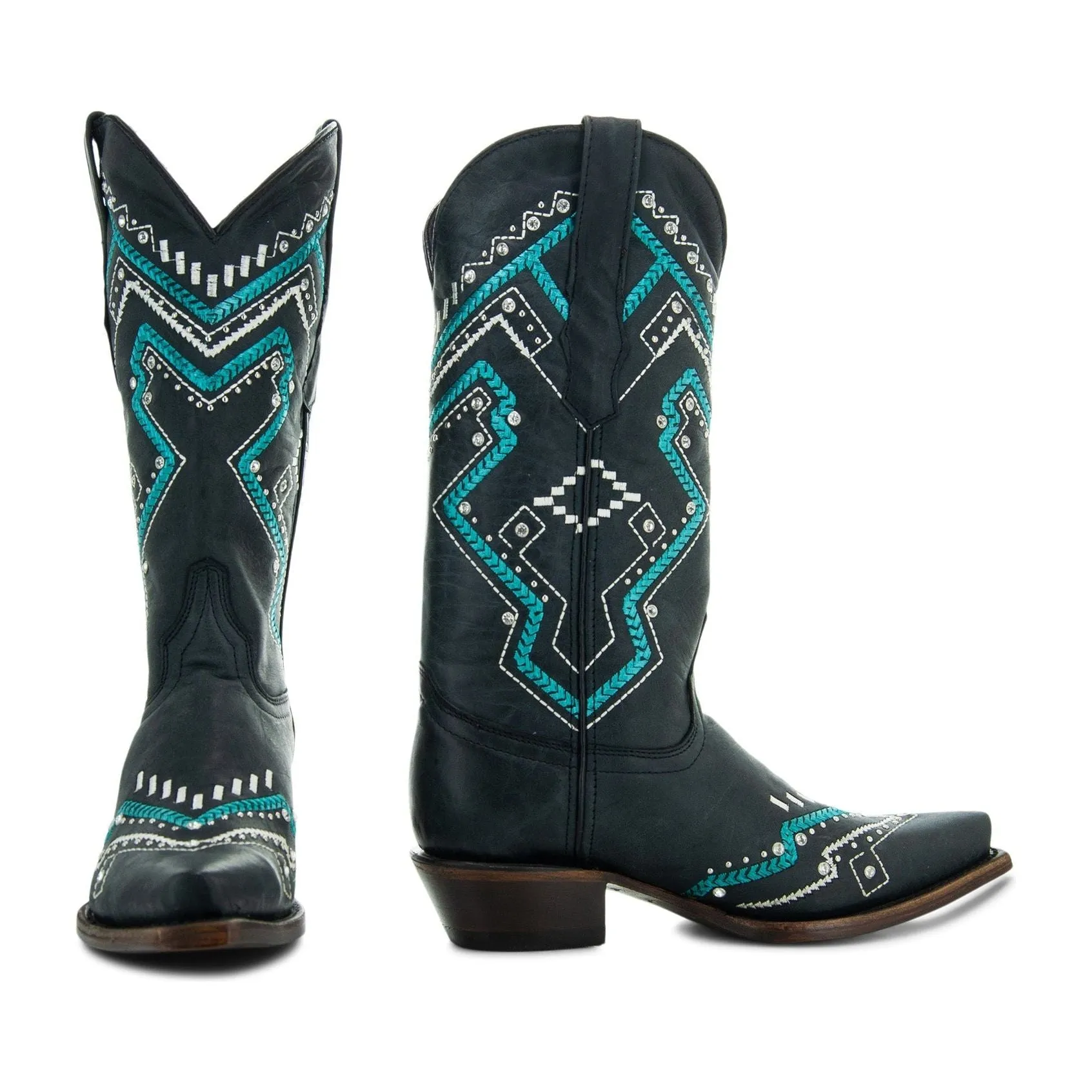 Soto Boots Womens Black and Turquoise Embroidery Snip Toe Cowgirl Boots M50063