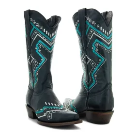 Soto Boots Womens Black and Turquoise Embroidery Snip Toe Cowgirl Boots M50063