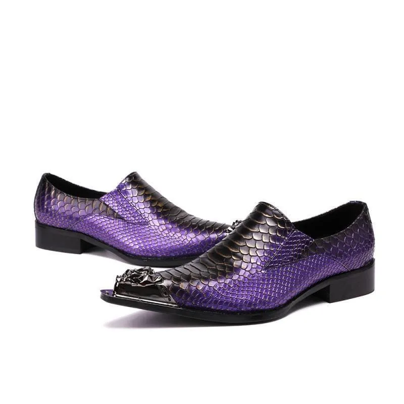 Stylish Purple Leather Crocodile Design Shoes with Metal Toe Caps