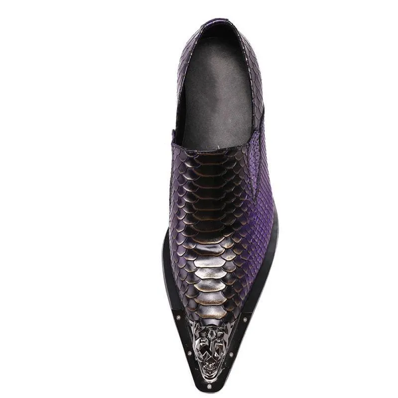 Stylish Purple Leather Crocodile Design Shoes with Metal Toe Caps