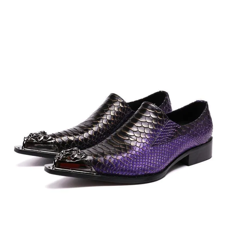 Stylish Purple Leather Crocodile Design Shoes with Metal Toe Caps