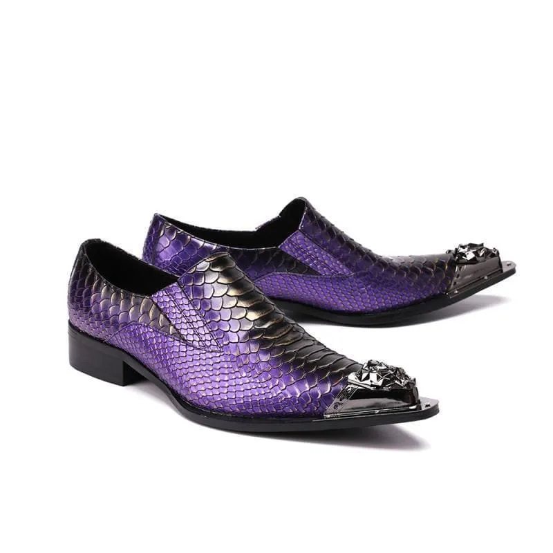 Stylish Purple Leather Crocodile Design Shoes with Metal Toe Caps