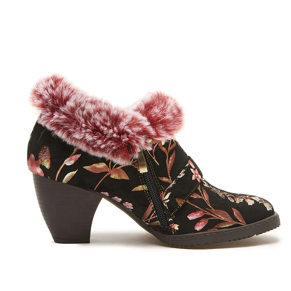 Vintage genuine leather fuzzy trim floral booties