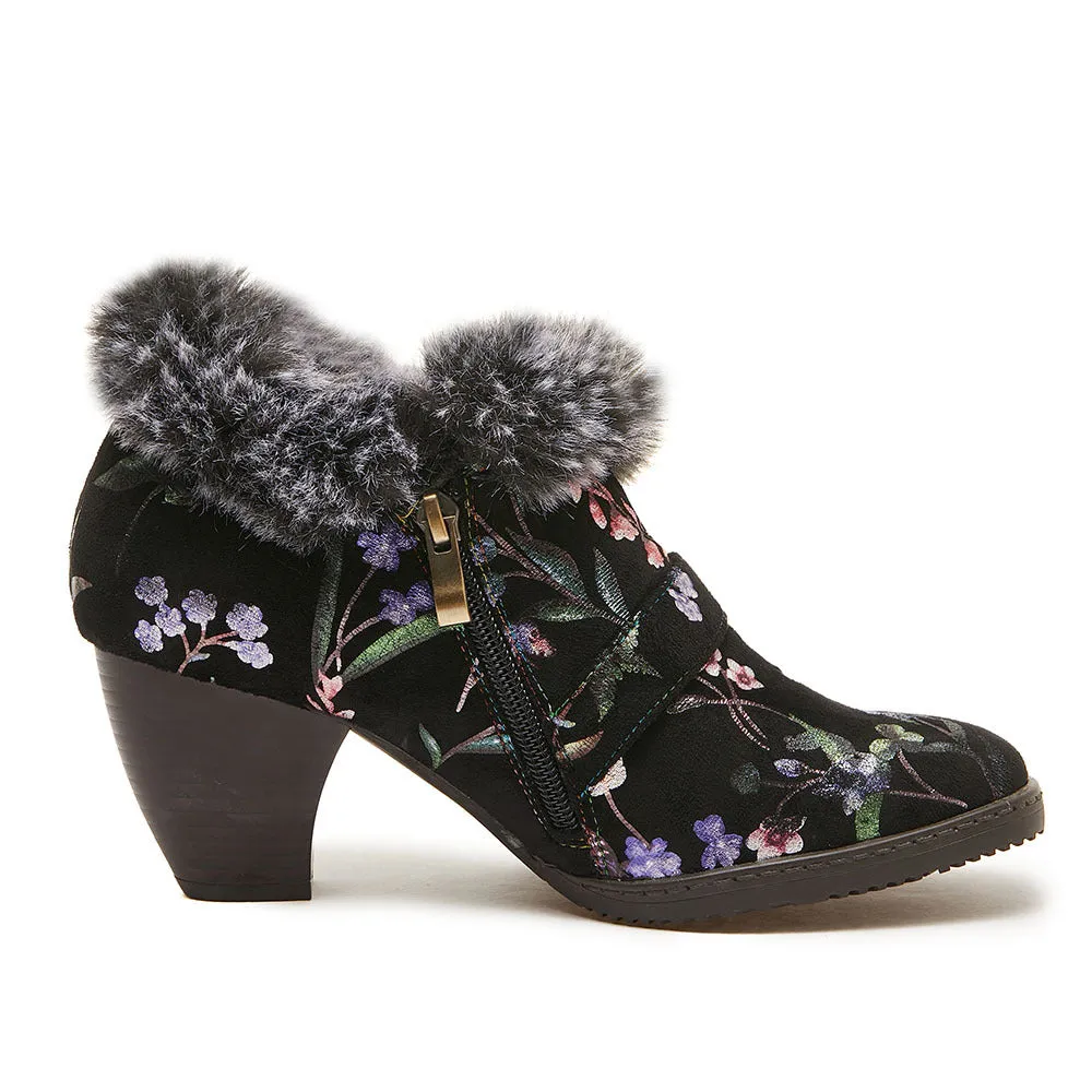 Vintage genuine leather fuzzy trim floral booties