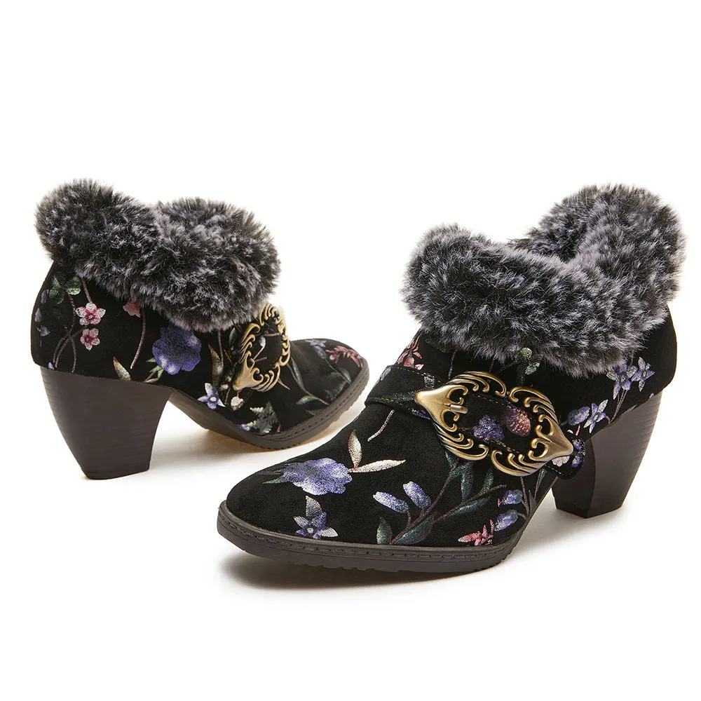 Vintage genuine leather fuzzy trim floral booties