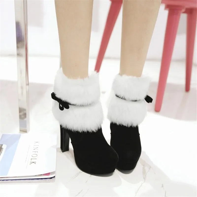 Winter Women Boots High Heels Platform Comfort Warm Fur Short Boots Party Shoes