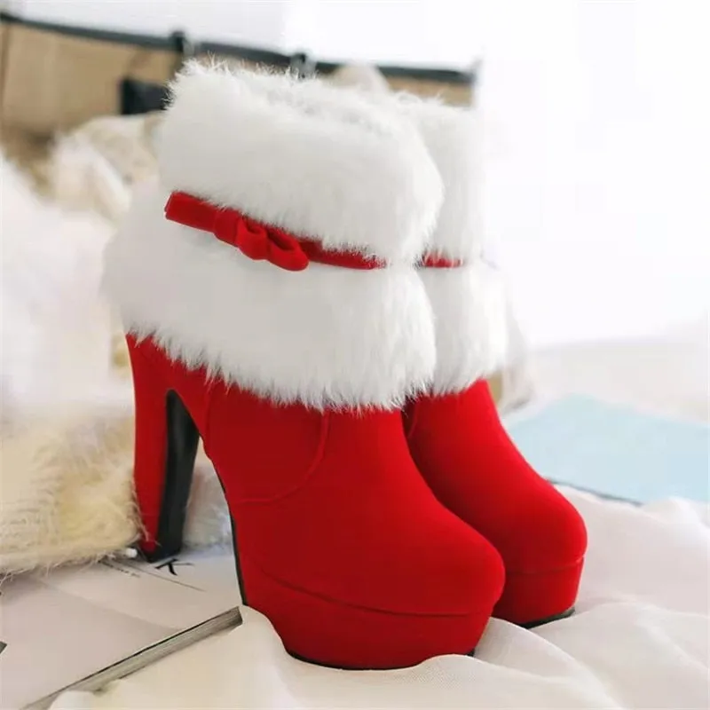 Winter Women Boots High Heels Platform Comfort Warm Fur Short Boots Party Shoes