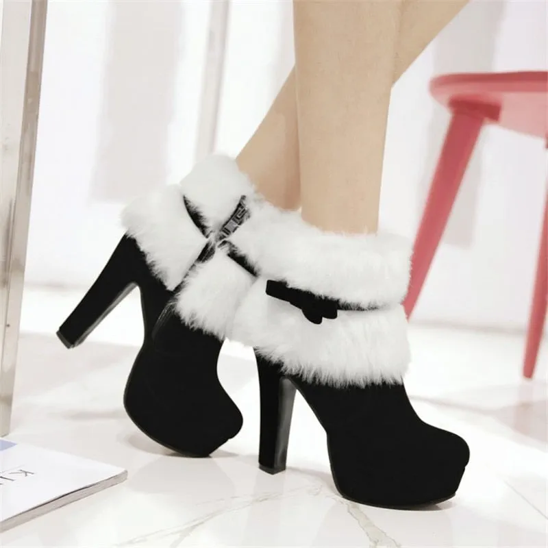 Winter Women Boots High Heels Platform Comfort Warm Fur Short Boots Party Shoes