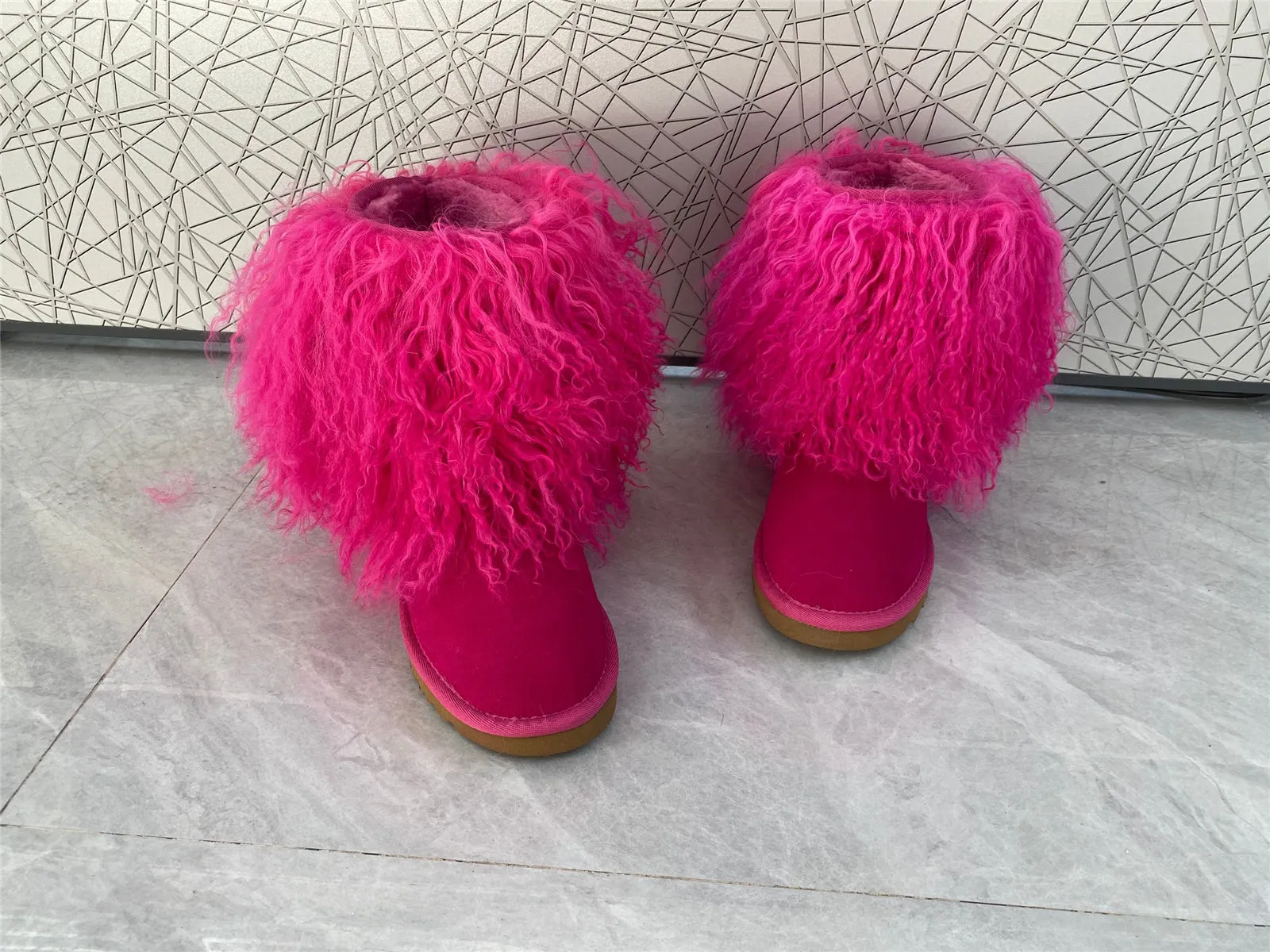 Women's Fluffy Real Mongolian Sheep Mid Half Hair Boot Furry Snow Boots With Comf Warm Booties With Wool Lining