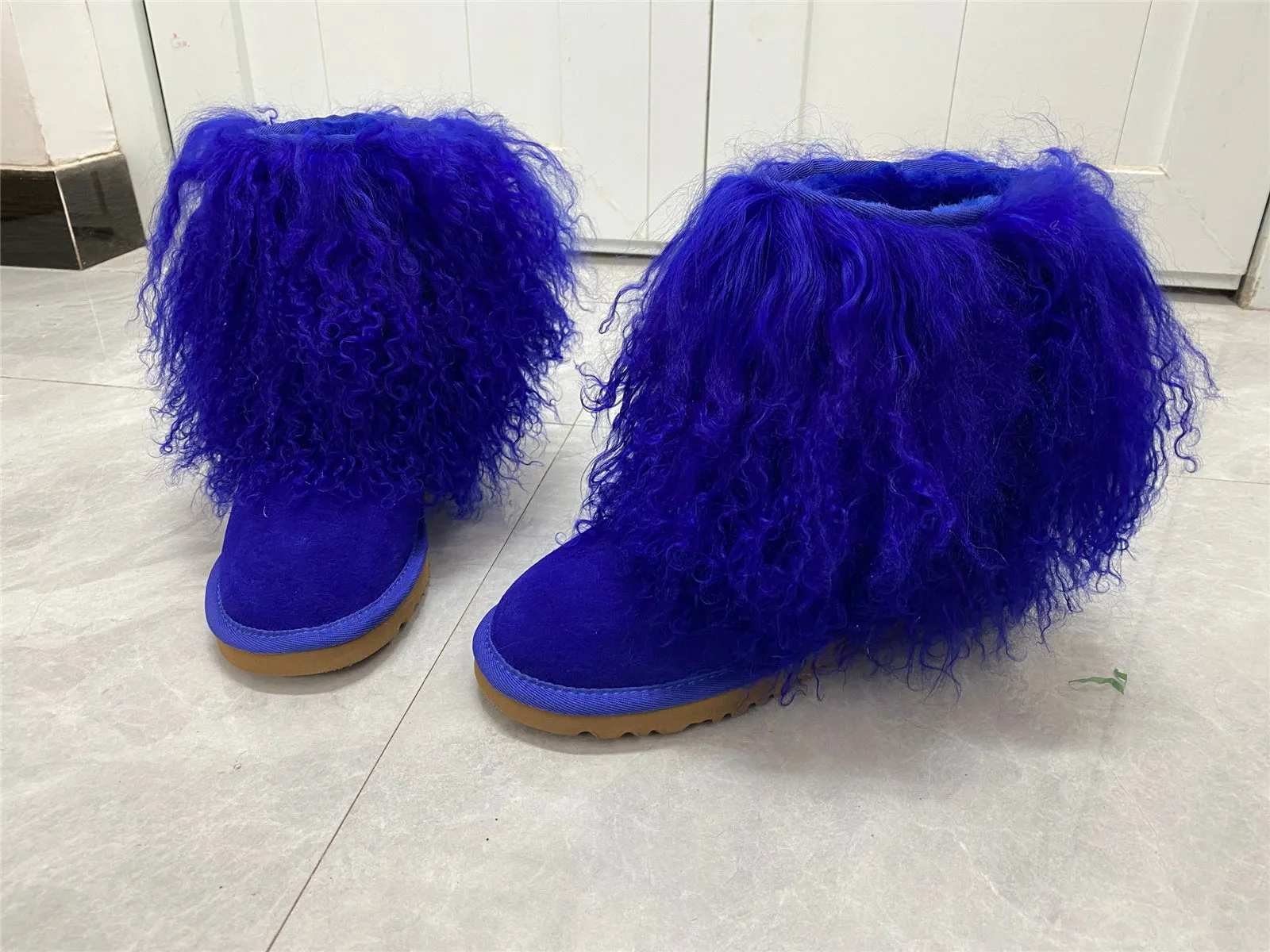 Women's Fluffy Real Mongolian Sheep Mid Half Hair Boot Furry Snow Boots With Comf Warm Booties With Wool Lining