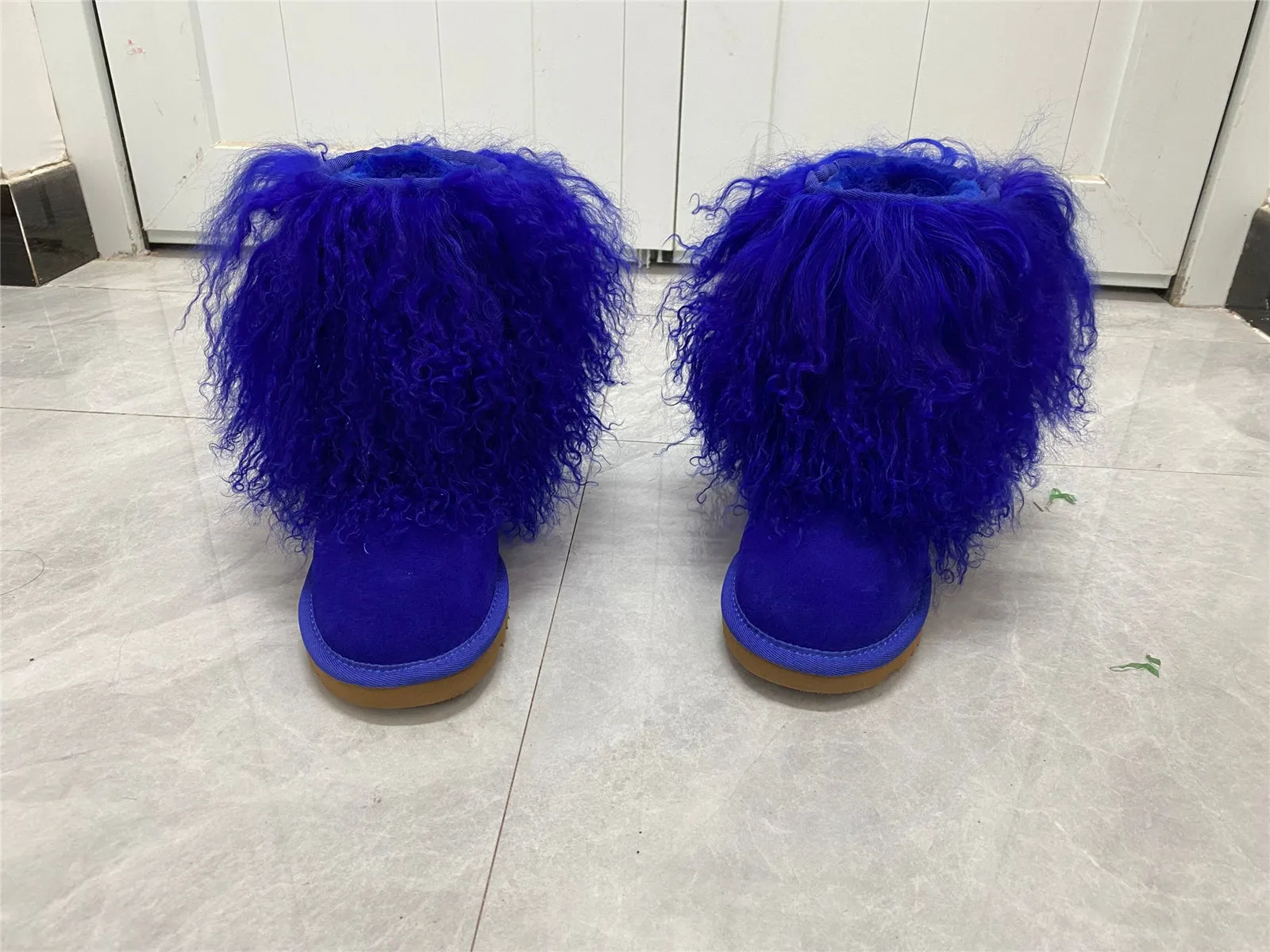 Women's Fluffy Real Mongolian Sheep Mid Half Hair Boot Furry Snow Boots With Comf Warm Booties With Wool Lining