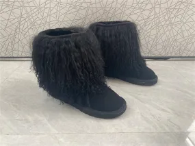 Women's Fluffy Real Mongolian Sheep Mid Half Hair Boot Furry Snow Boots With Comf Warm Booties With Wool Lining