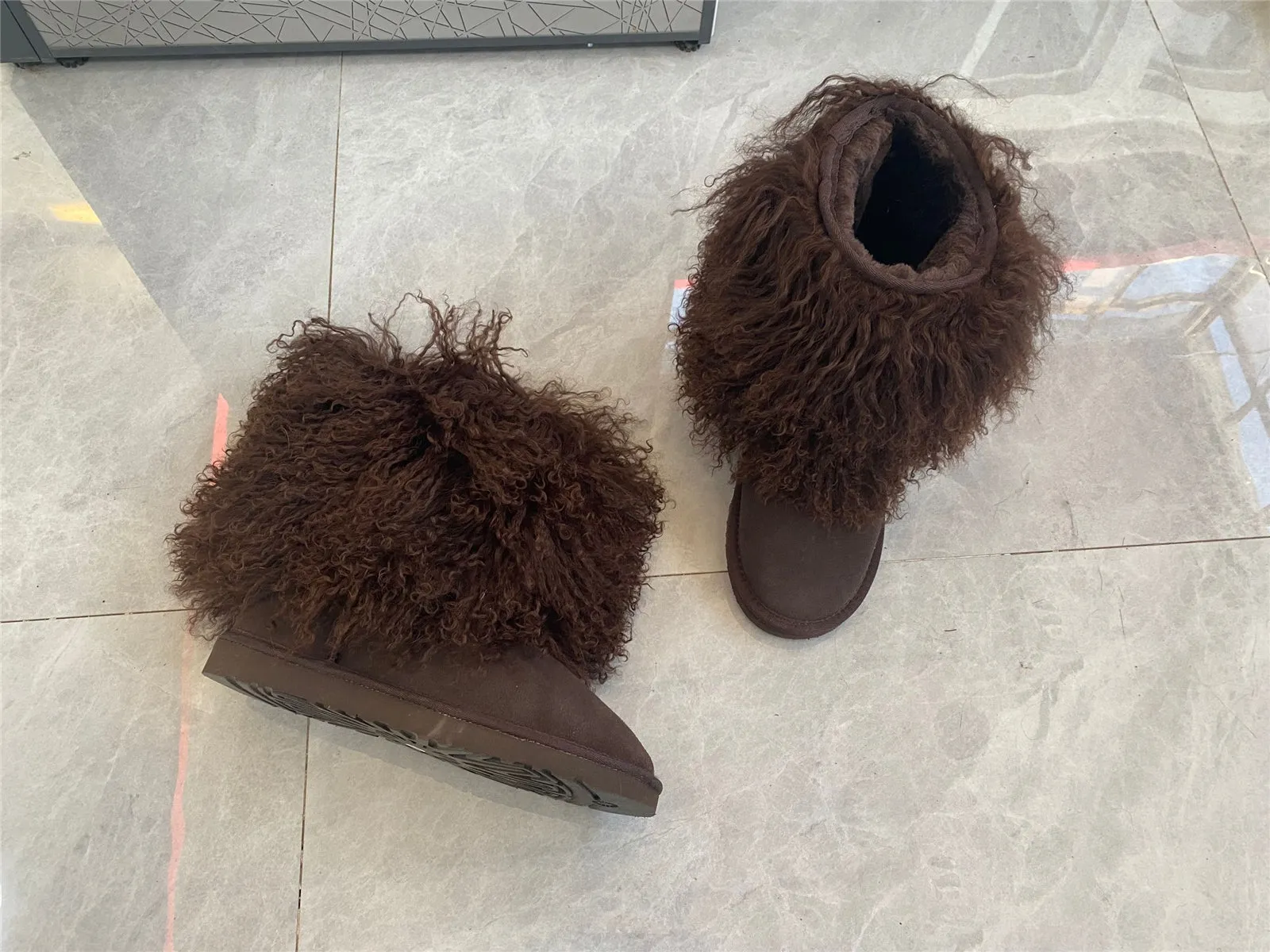 Women's Fluffy Real Mongolian Sheep Mid Half Hair Boot Furry Snow Boots With Comf Warm Booties With Wool Lining